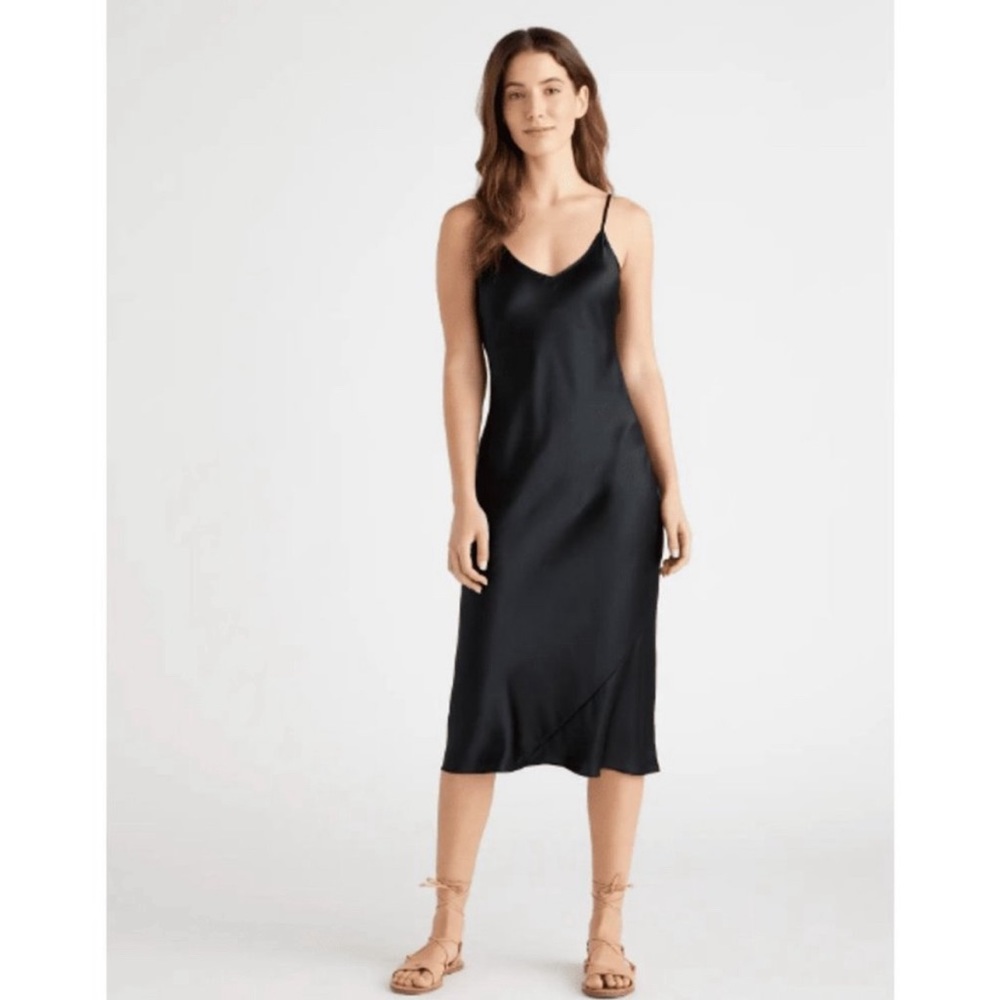 Quince Black Satin Slip Midi Dress